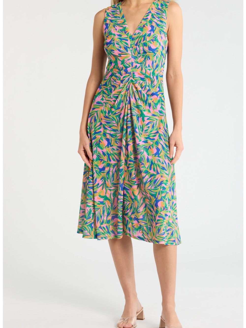Vince Camuto Stretch Knit Midi Dress in Pink, Green & Blue Leaf Print